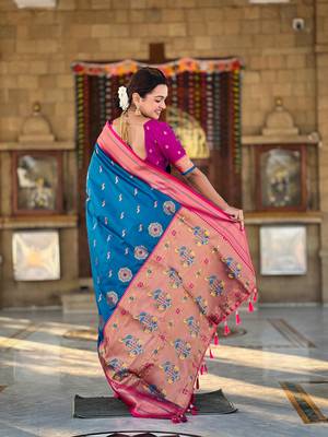 Sky paithani rich weaved pallu saree with blouse 5