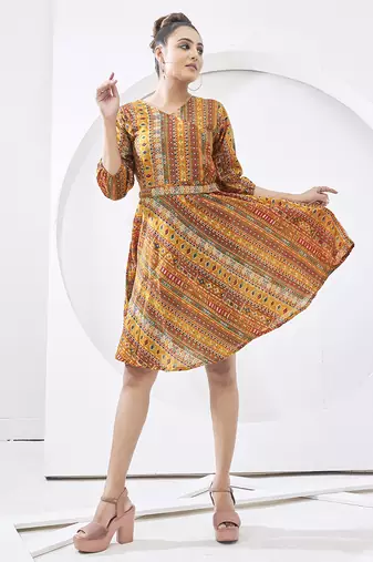 yellow multi printed cotton dress