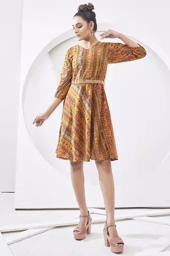 yellow multi printed cotton dress