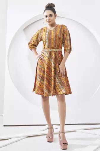 yellow multi printed cotton dress