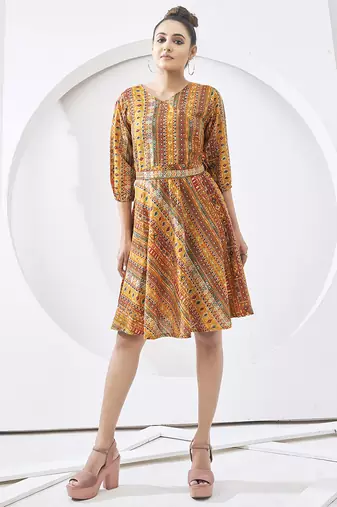 yellow multi printed cotton dress