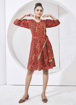 Red multi print cotton dress 1