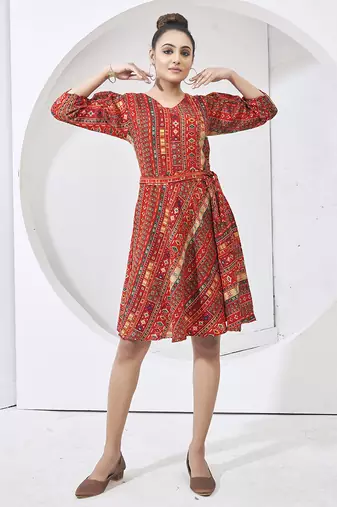 Red multi print cotton dress