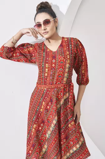 Red multi print cotton dress