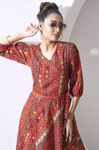 Red multi print cotton dress