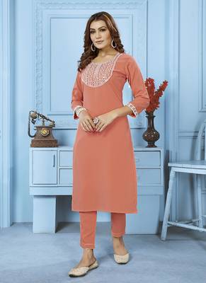 Peach embroidery cotton kurta sets 1