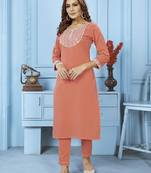Peach embroidery cotton kurta sets