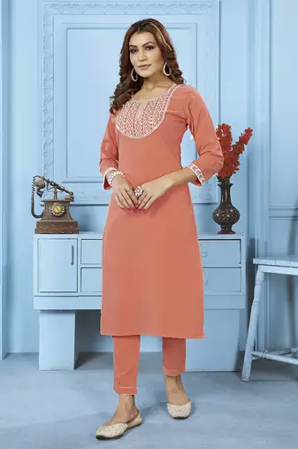 Peach embroidery cotton kurta sets