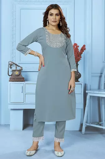 Aqua blue embroidered cotton kurta set