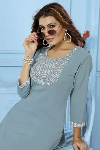 Aqua blue embroidered cotton kurta set