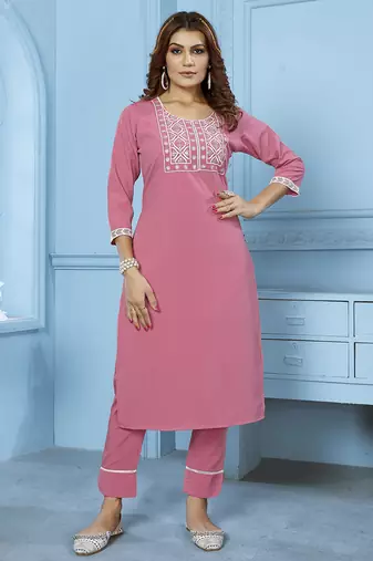 Pink embroidered cotton kurta set