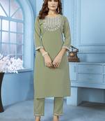 Green embroidered cotton kurta set