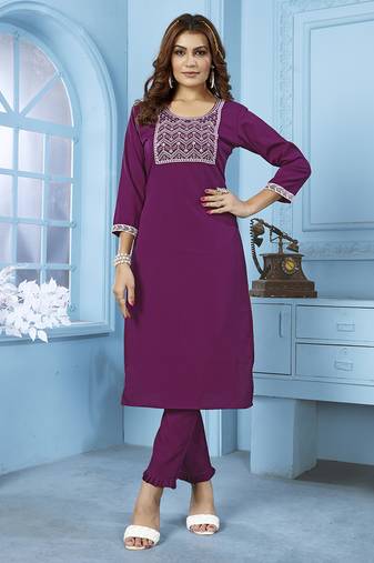 Purple embroidered cotton kurta set