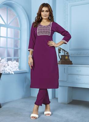 Purple embroidered cotton kurta set 2