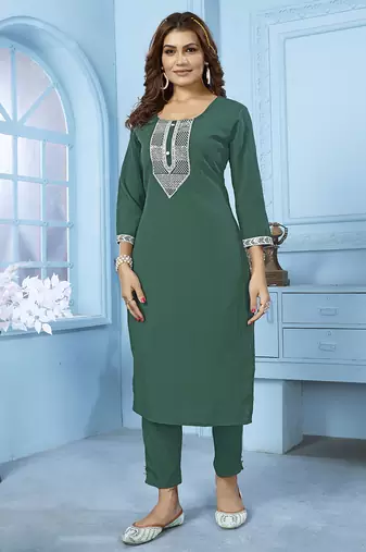 Green embroidery cotton kurta set