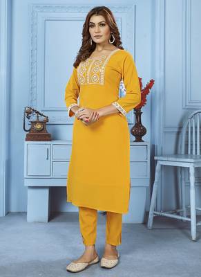Yellow embroidered cotton kurta set 2