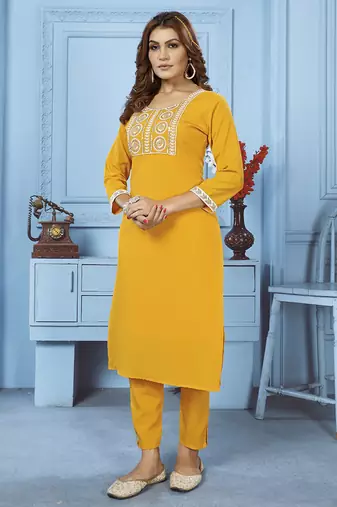 Yellow embroidered cotton kurta set