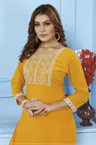 Yellow embroidered cotton kurta set