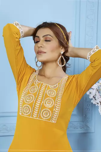 Yellow embroidered cotton kurta set