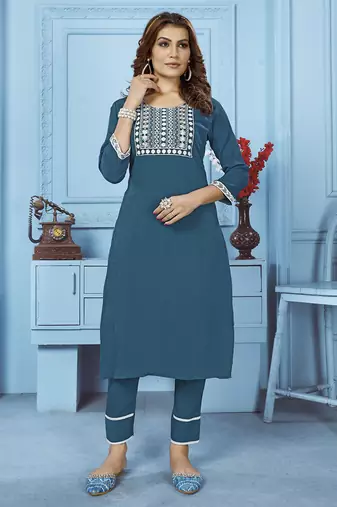 Teal blue embroidered cotton kurta set