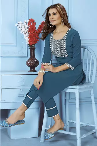 Teal blue embroidered cotton kurta set