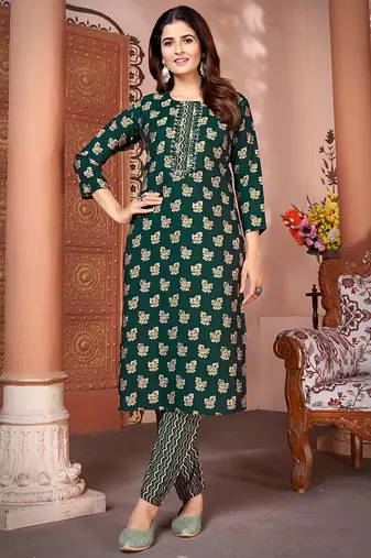 Green embroidered silk kurti set