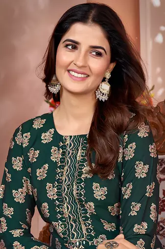 Green embroidered silk kurti set