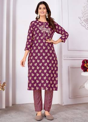 Purple embroidered silk kurti set 1