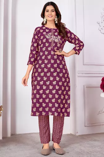 Purple embroidered silk kurti set