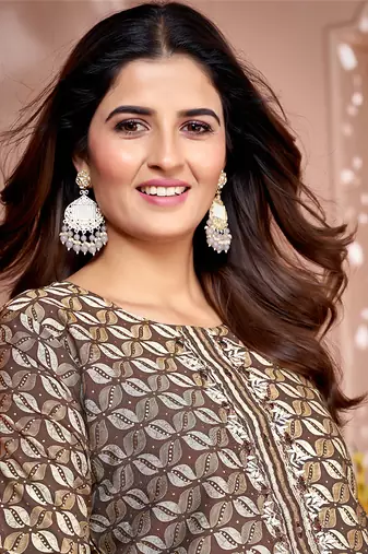 Brown printed silk kurti set
