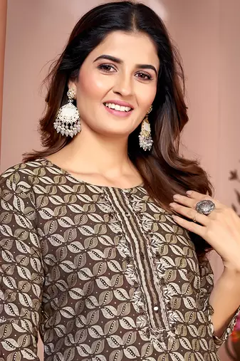 Brown printed silk kurti set