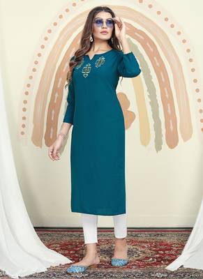 Teal blue embroidered cotton kurti  1