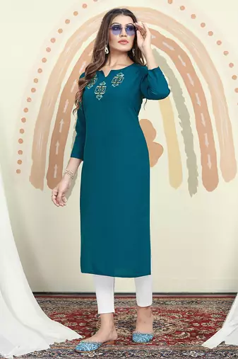 Teal blue embroidered cotton kurti 