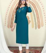 Teal blue embroidered cotton kurti 