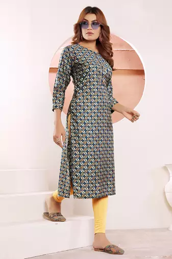 Teal blue printed viscose kurti