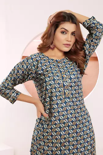Teal blue printed viscose kurti
