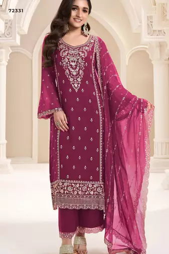 Dark pink chiffon silk embroidered semi stitched salwar suit