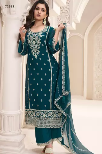 Teal green chiffon silk embroidered semi stitched salwar suit