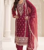 Maroon chiffon silk embroidered semi stitched salwar suit