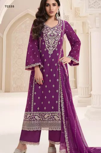 Wine chiffon silk embroidered semi stitched salwar suit