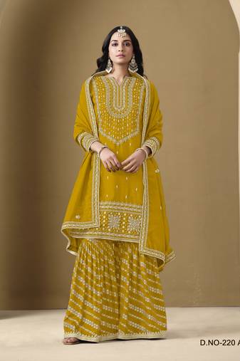 Yellow art silk embroidered stitched sharara suit (free size)