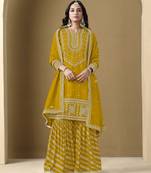 Yellow art silk embroidered stitched sharara suit (free size)