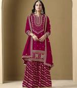 Rani pink art silk embroidered stitched sharara suit (free size)