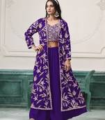 Purple fauk gerogette sequence embroidered stitched ethnic suit (free size)