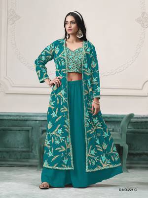 Turquoise fauk gerogette sequin embroidered stitched ethnic suit (free size) 1