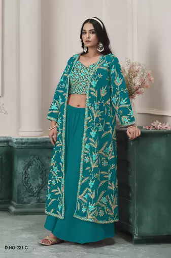 Turquoise fauk gerogette sequin embroidered stitched ethnic suit (free size)