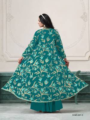 Turquoise fauk gerogette sequin embroidered stitched ethnic suit (free size) 3