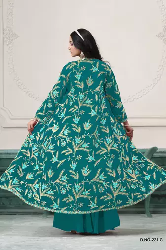 Turquoise fauk gerogette sequin embroidered stitched ethnic suit (free size)