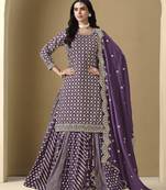 Lavender art silk embroidered stitched sharara suit (free size)