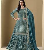 Teal art silk embroidered stitched sharara suit (free size)